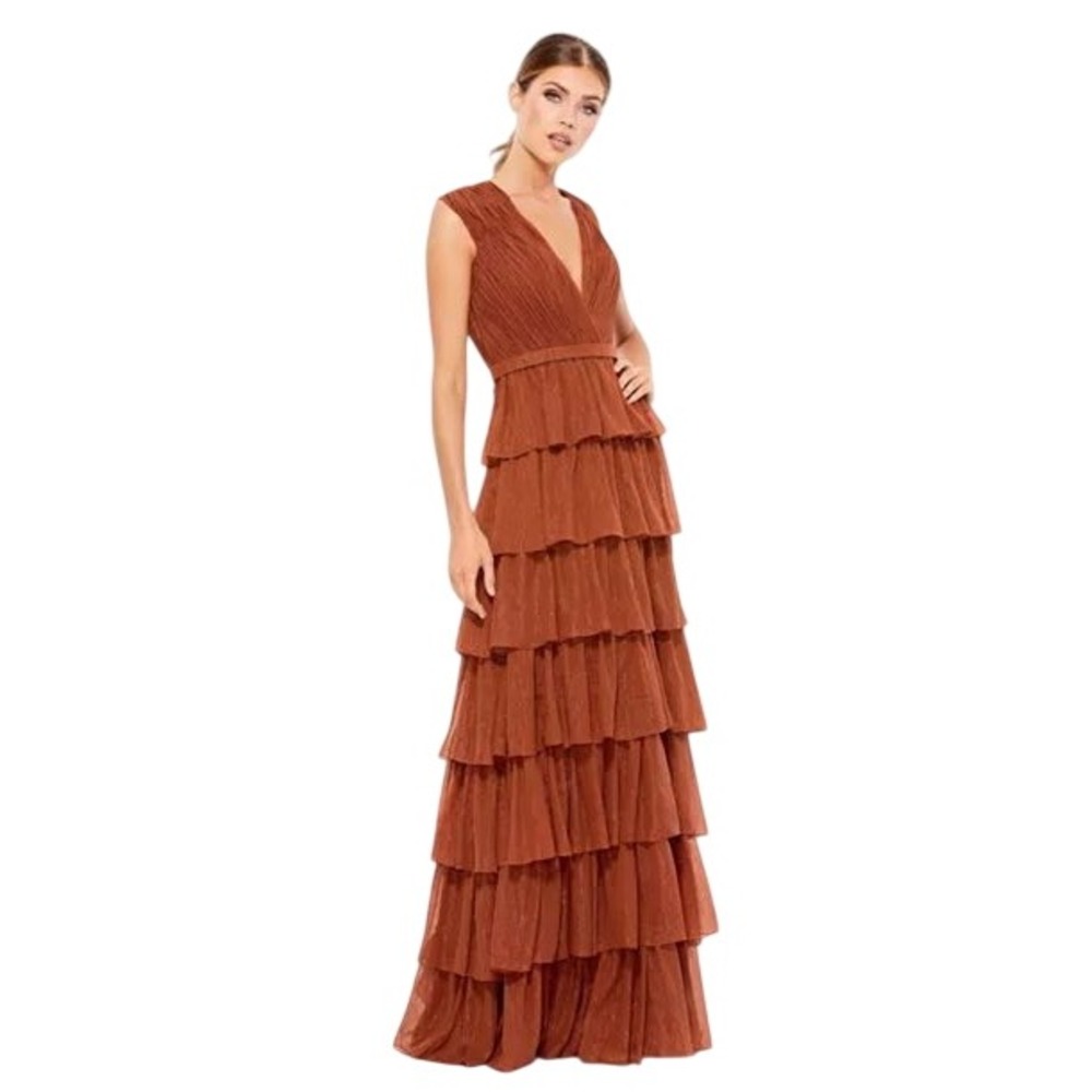 IEENA for Mac Duggal 49287 Rust Metallic Tiered Ruffle Gown Dress Size 2 NEW